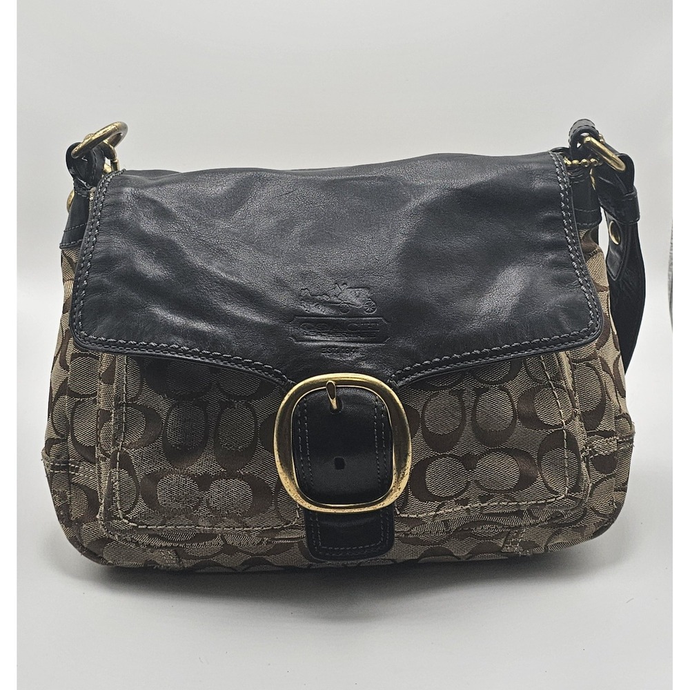Coach Bleecker Signature Buckle Flap‎ Shoulder Bag Brown Black Canvas